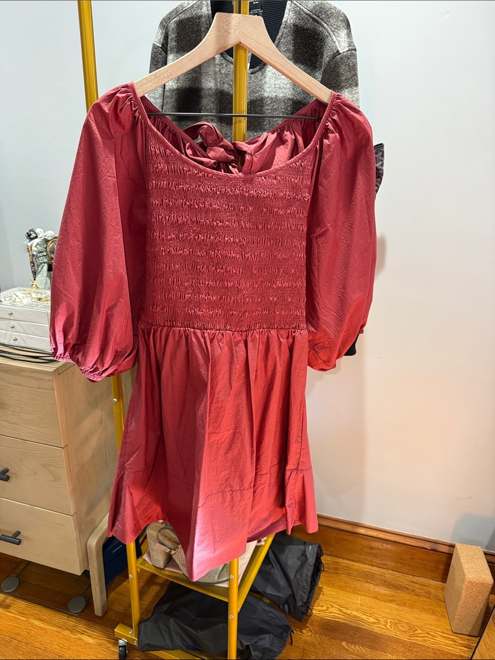 Smocked Bodice Burgundy Mini Dress with Puff Sleeves